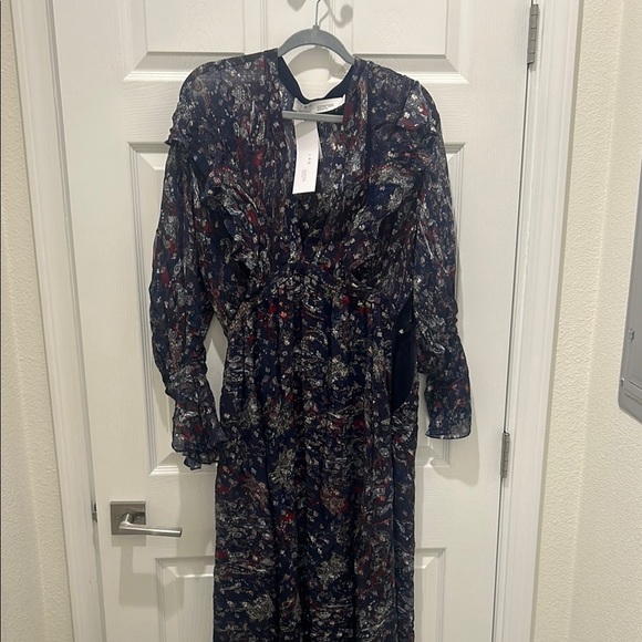 IRO SILK  Metalic Skage Ruffle-Trim Midi Dress Sz M - Picture 2 of 10